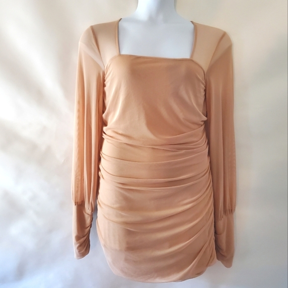 Venus Mesh Semi-Sheer Mini Dress Size 2X Bodycon Ruched Tan Stretch Pullover - Picture 15 of 15